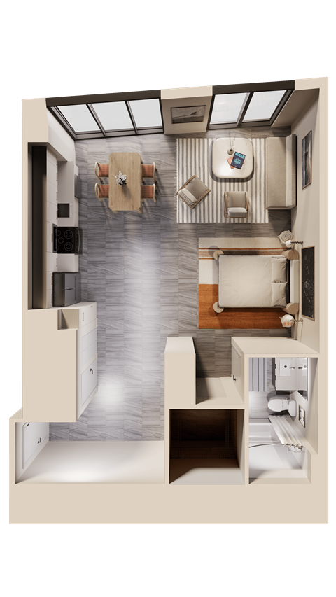 Floor plan for studio, 1 bath, 665 sqft